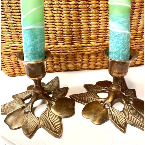 Leaf Design Brass Hand Crafted Candle Holder Set of 2 - Picture 3 of 6